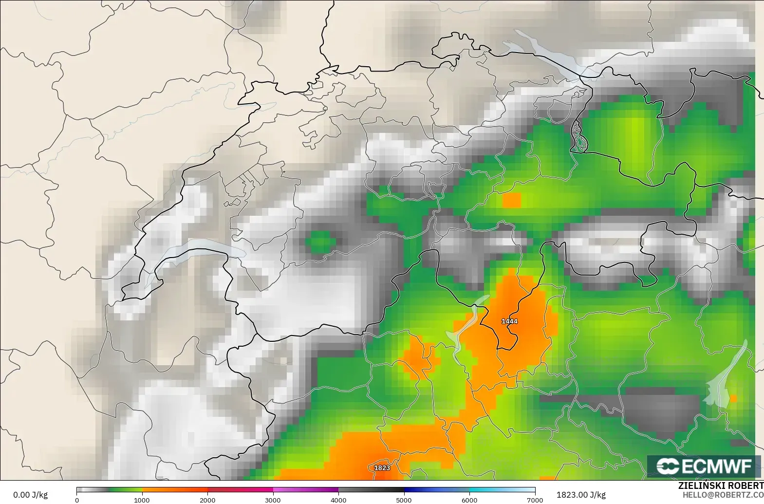 ECMWF IFS 0.25° model - Switzerland, CAPE
