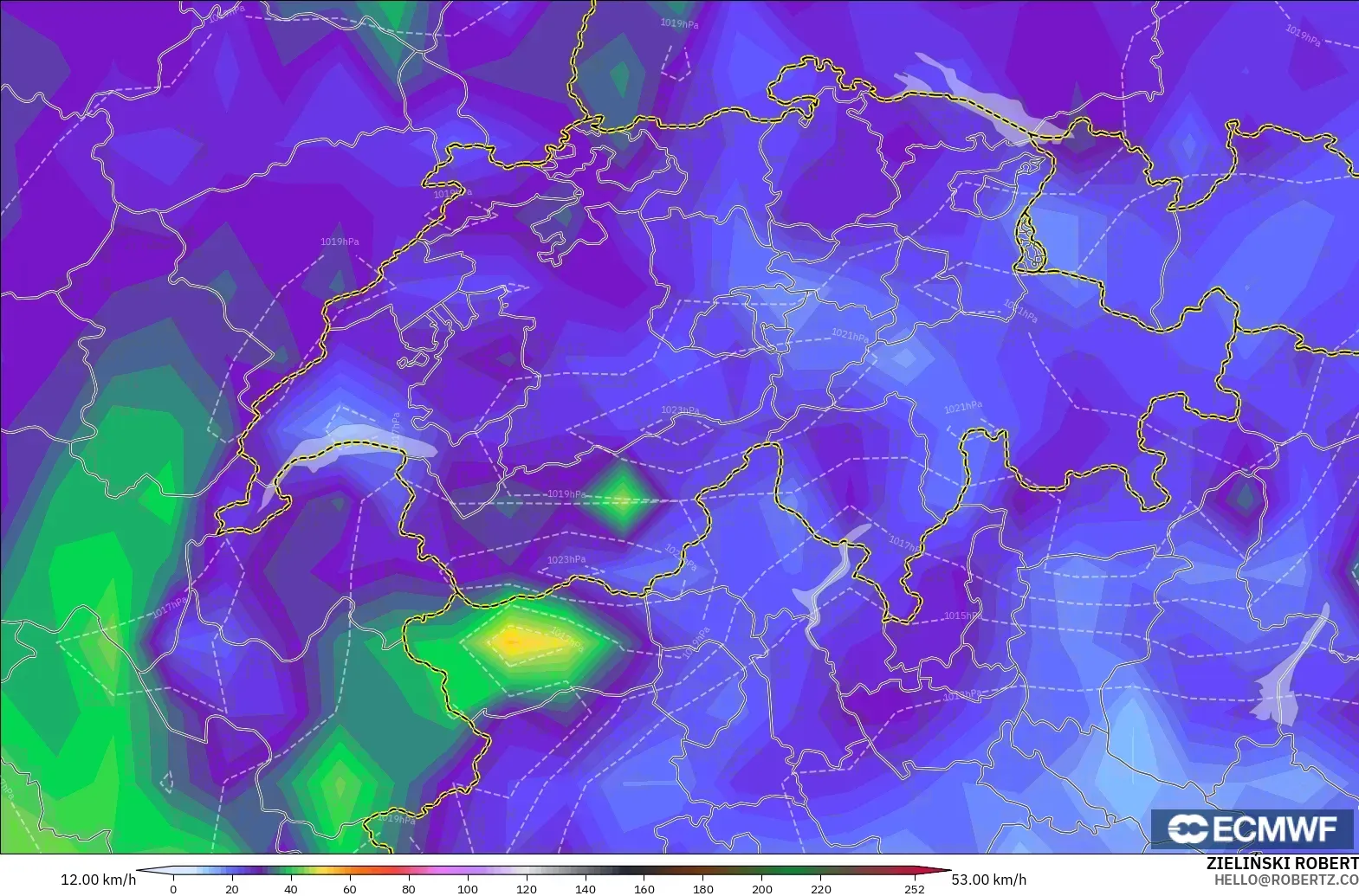 ECMWF IFS 0.25° model - Switzerland, Hembusan Angin