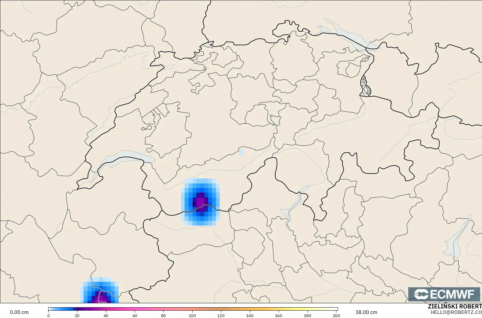 ECMWF IFS 0.25° model - Switzerland, Ketebalan Salji