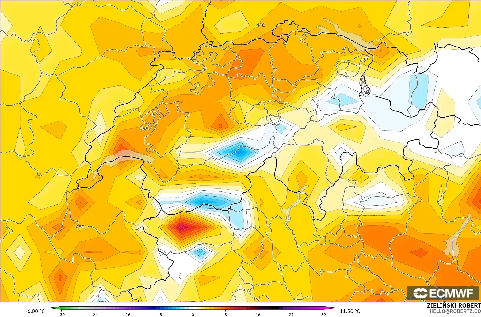 ECMWF IFS 0.25° model - Switzerland, Anomali Suhu 2 m