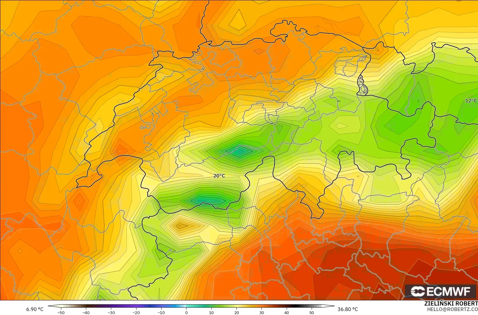 ECMWF IFS 0.25° model - Switzerland, Suhu pada 2 m