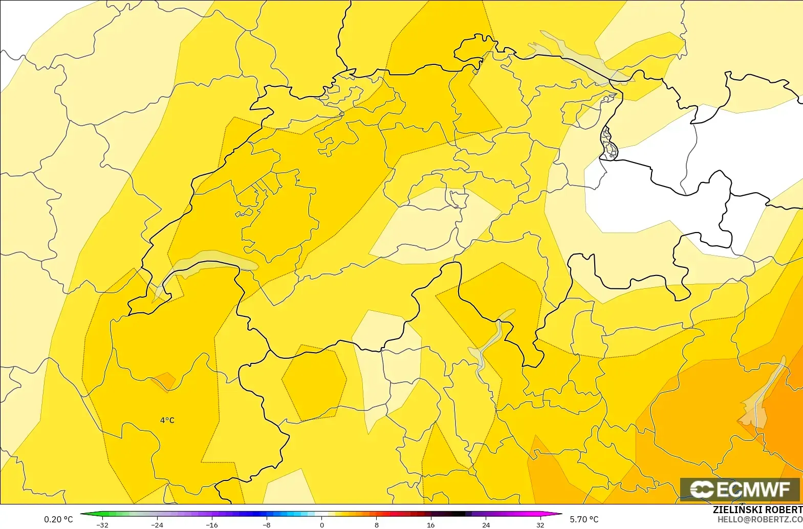 ECMWF IFS 0.25° model - Switzerland, Anomali Suhu 850 hPa