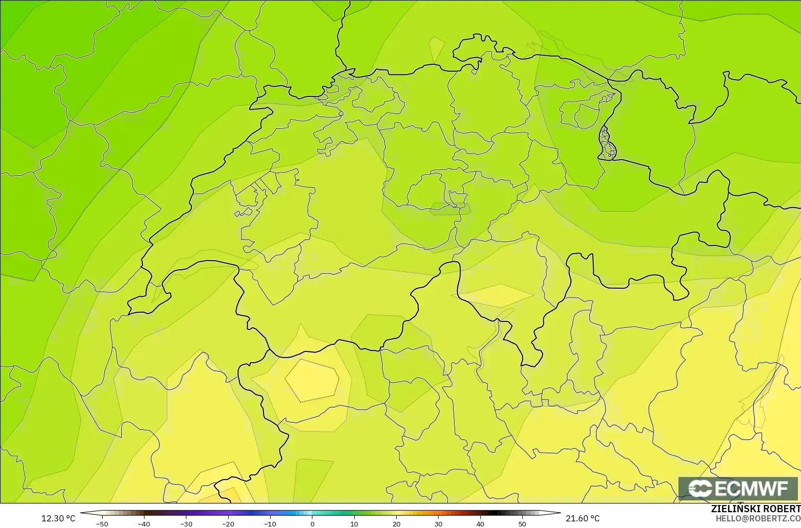 ECMWF IFS 0.25° model - Switzerland, Suhu 850 hPa