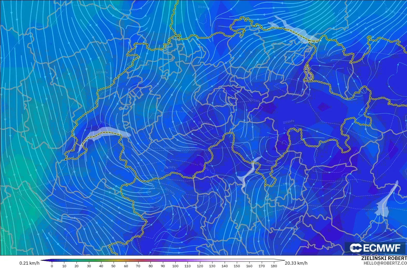 ECMWF IFS 0.25° model - Switzerland, Angin 10 m