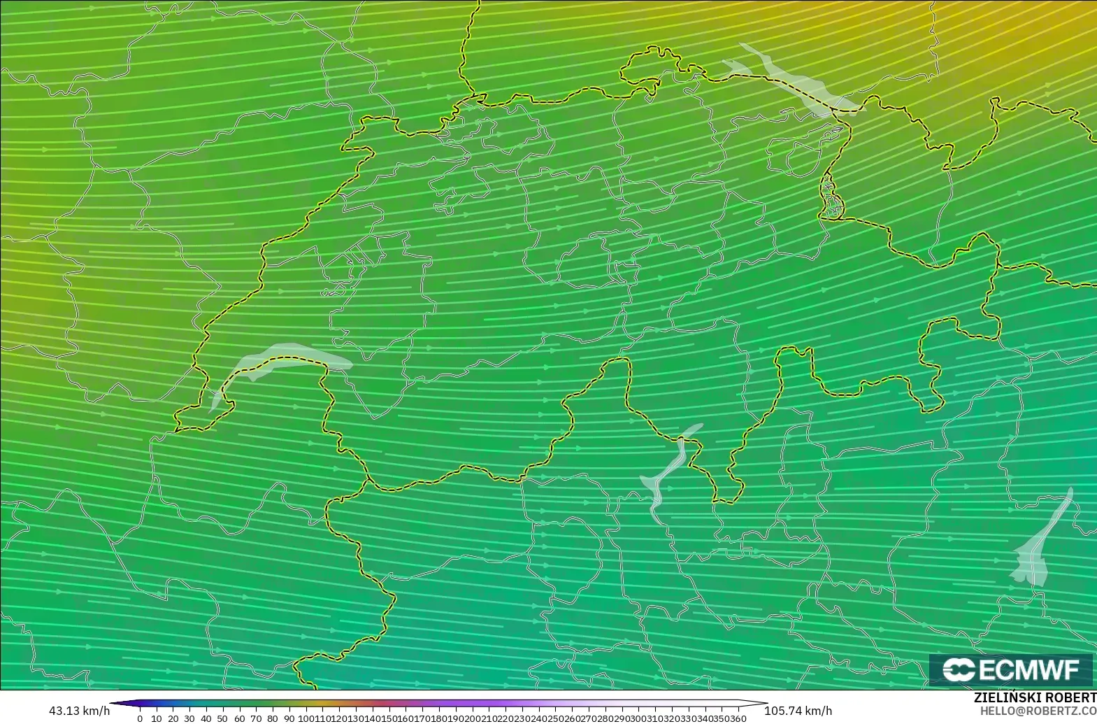 ECMWF IFS 0.25° model - Switzerland, Angin 300 hPa (aliran jet)
