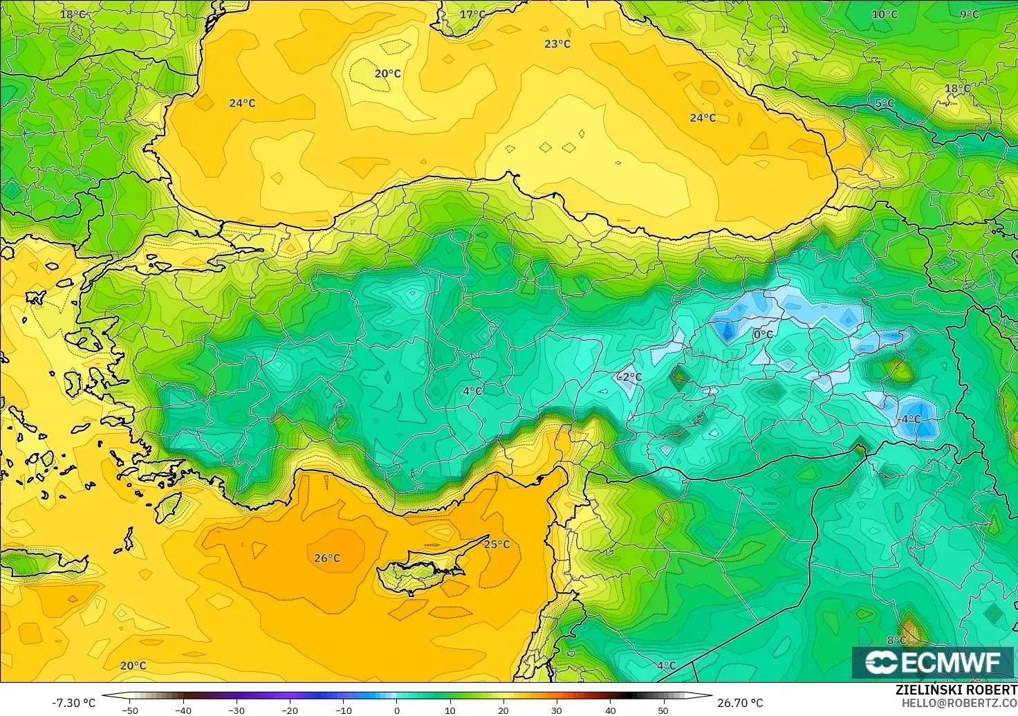 ECMWF IFS 0.25° model - Turki, Takat Embun 2 m