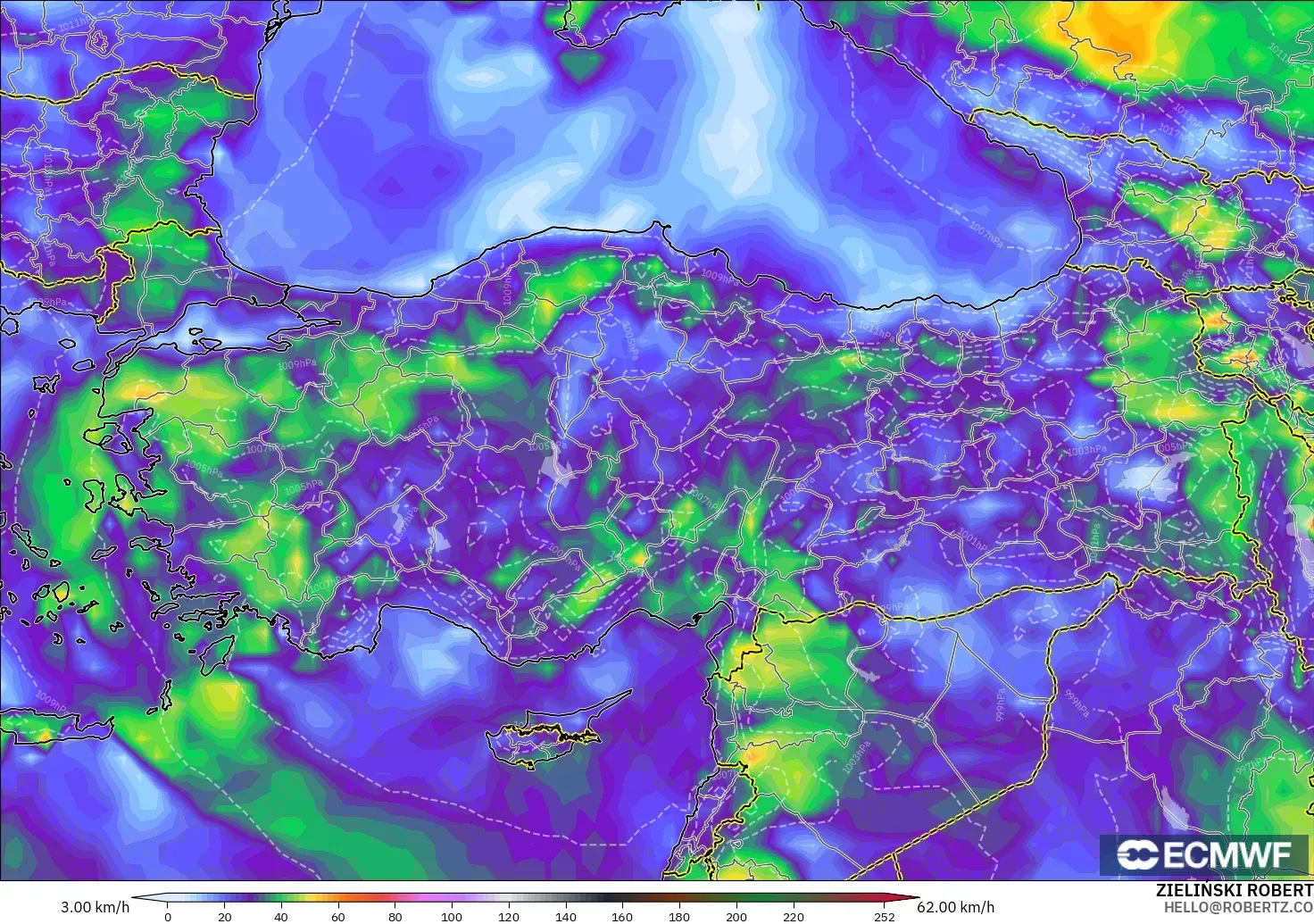 ECMWF IFS 0.25° model - Turki, Hembusan Angin