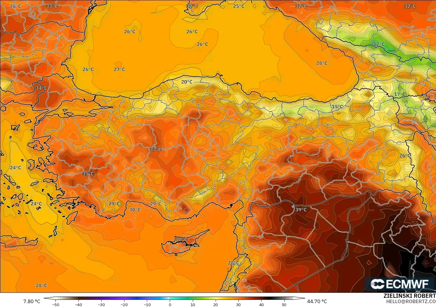ECMWF IFS 0.25° model - Turki, Suhu pada 2 m