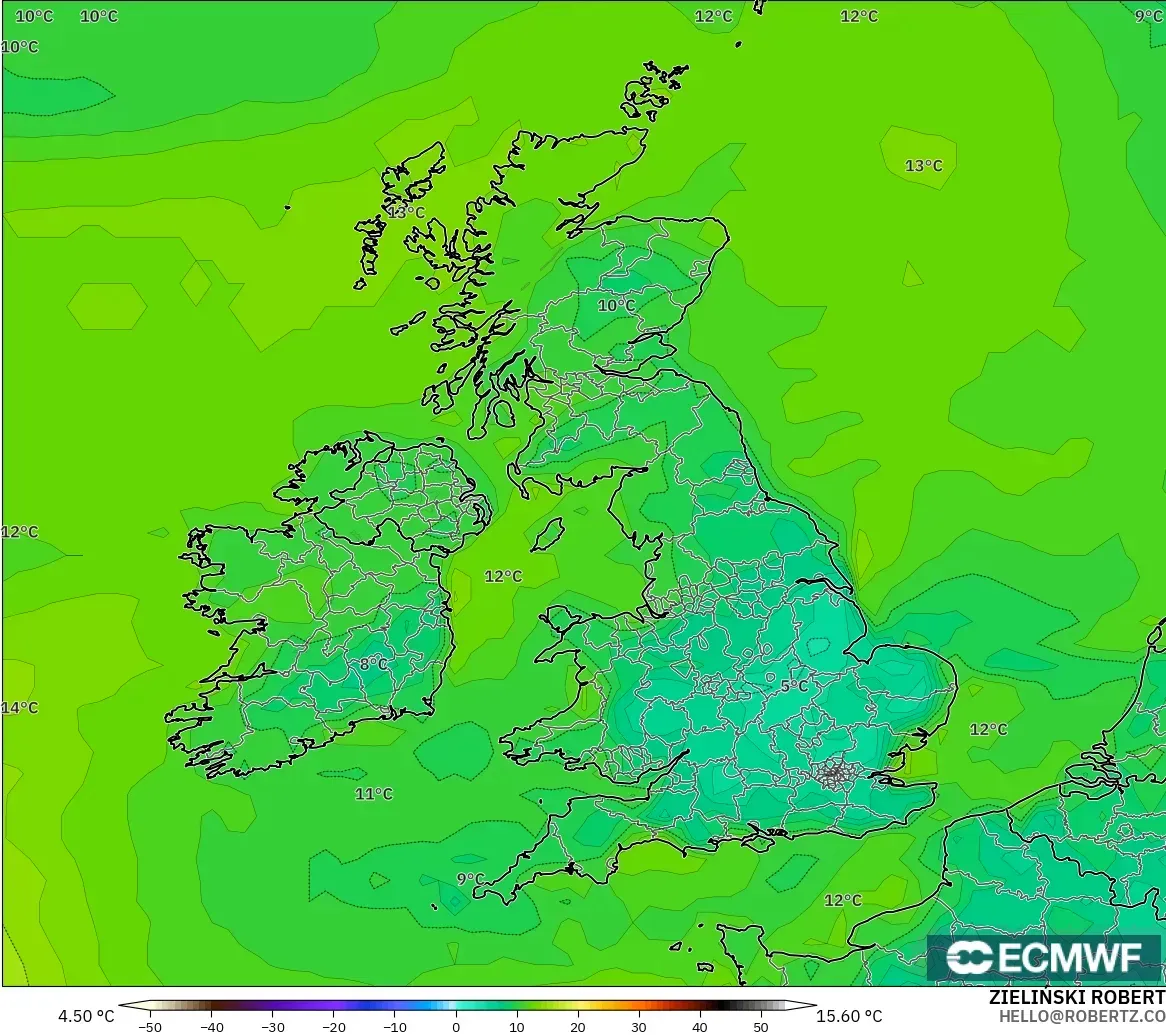 ECMWF IFS 0.25° model - United Kingdom, Takat Embun 2 m