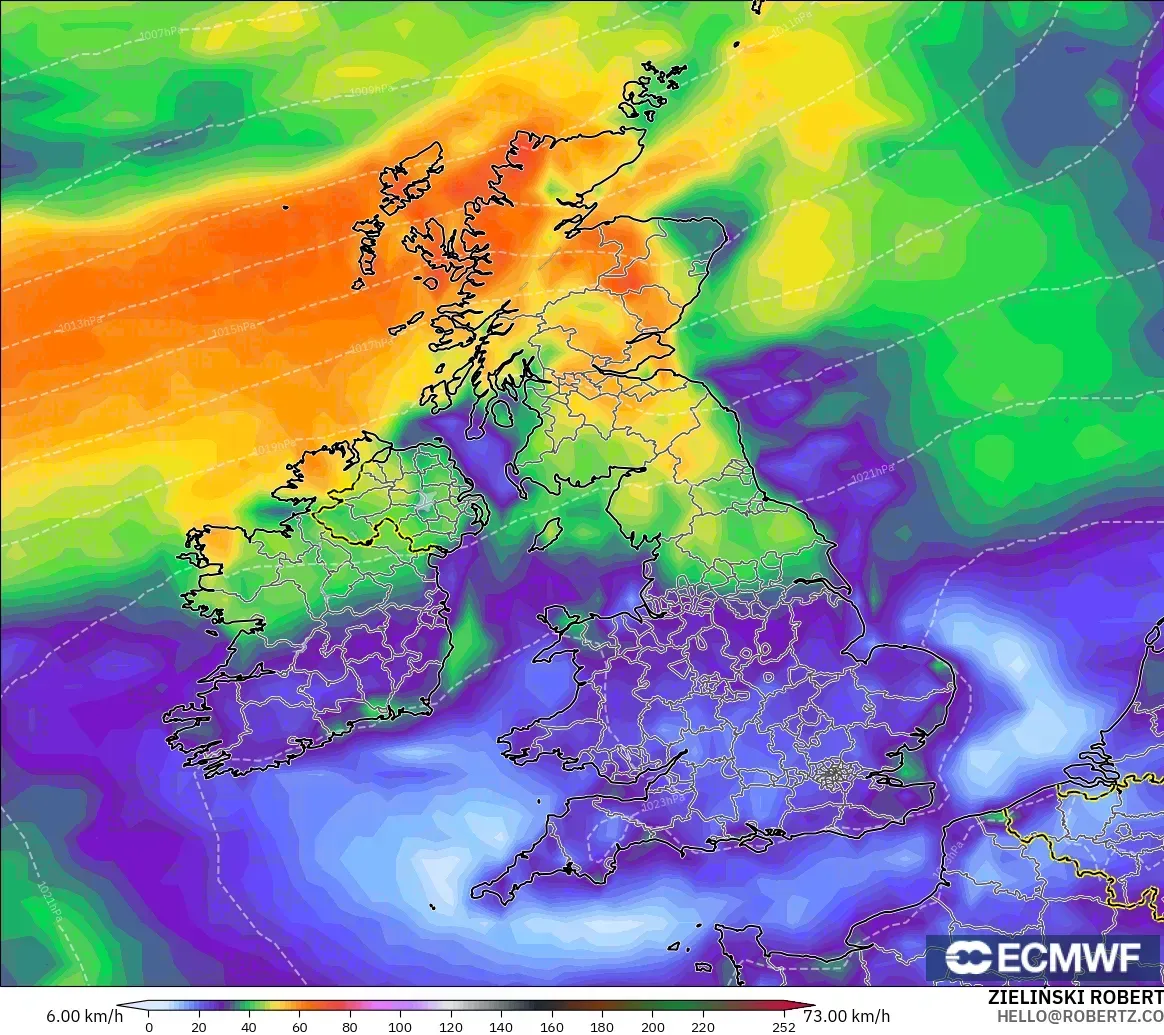 ECMWF IFS 0.25° model - United Kingdom, Hembusan Angin