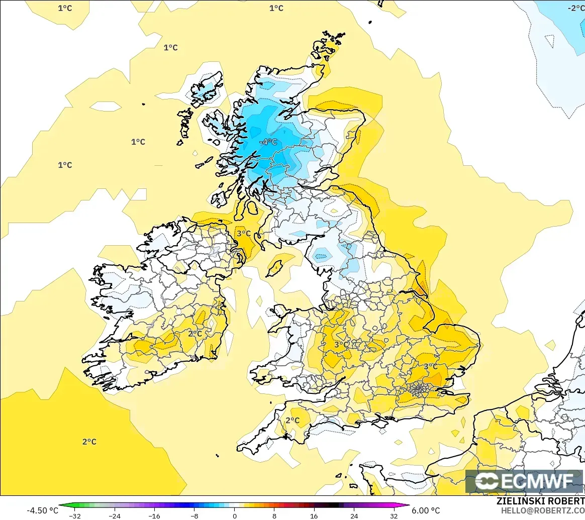 ECMWF IFS 0.25° model - United Kingdom, Anomali Suhu 2 m