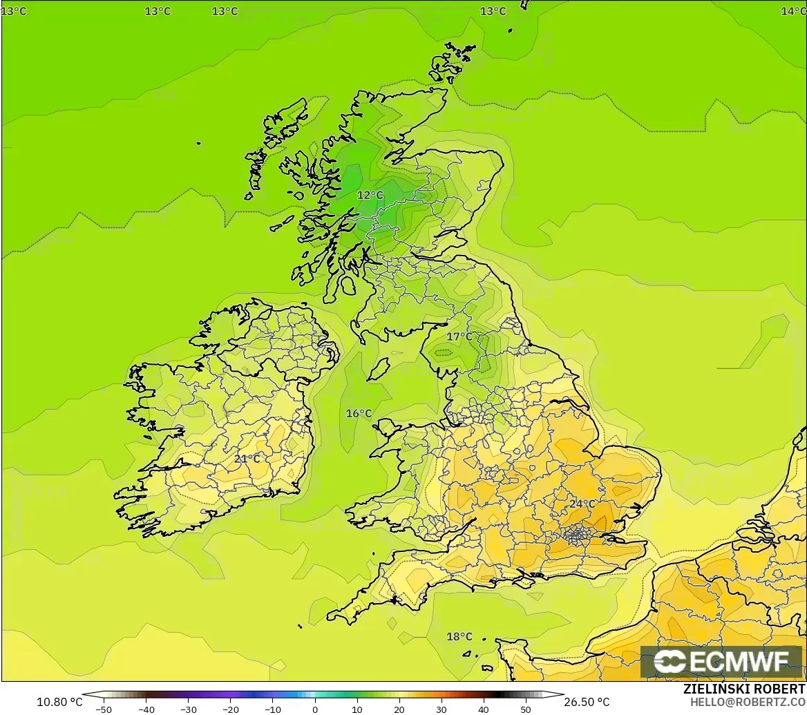 ECMWF IFS 0.25° model - United Kingdom, Suhu pada 2 m