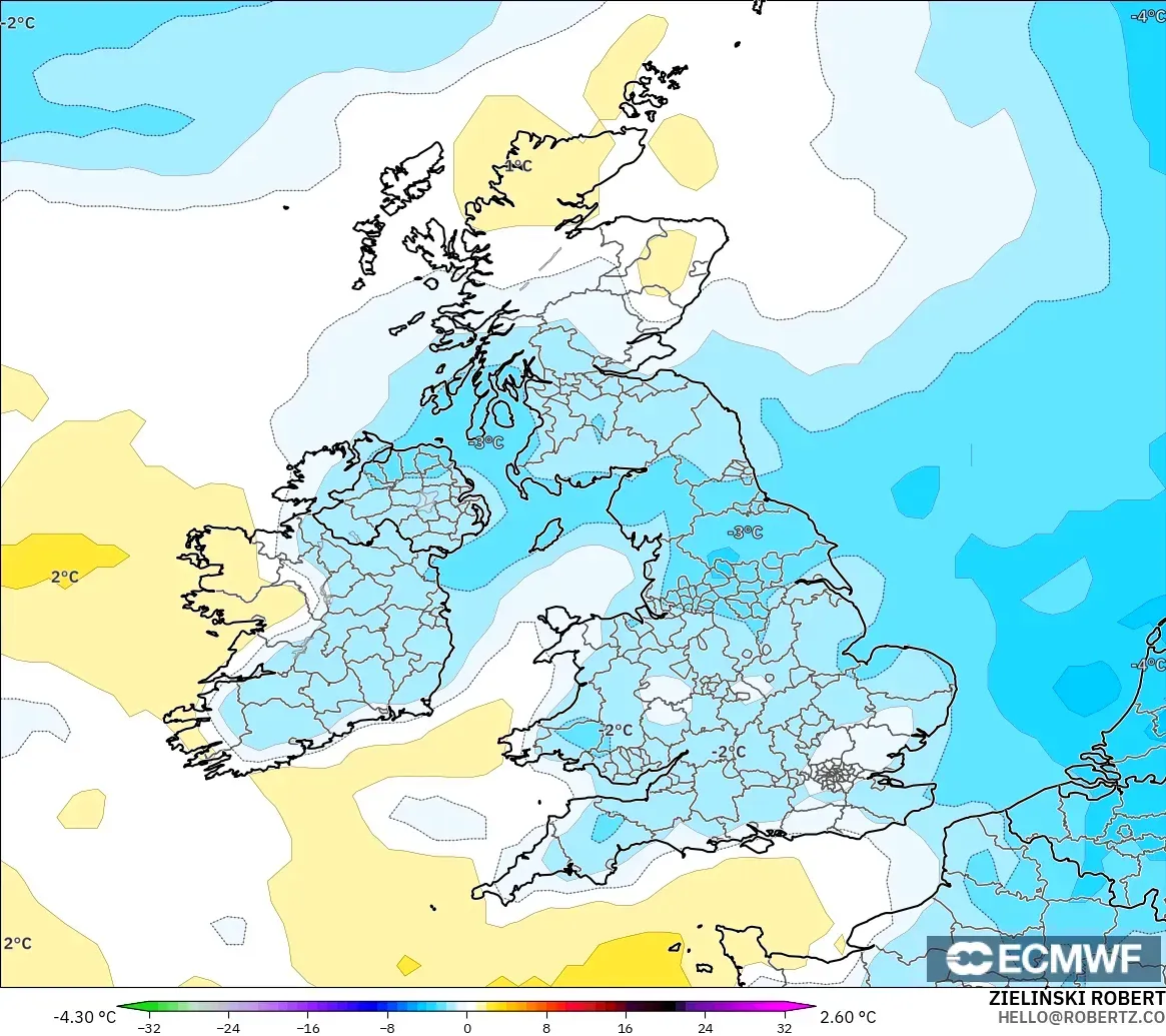 ECMWF IFS 0.25° model - United Kingdom, Anomali Suhu 850 hPa