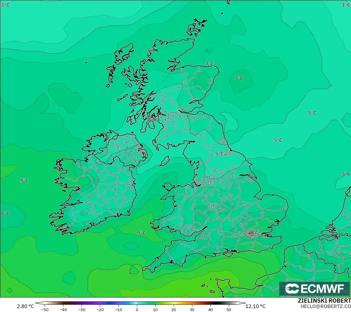 ECMWF IFS 0.25° model - United Kingdom, Suhu 850 hPa