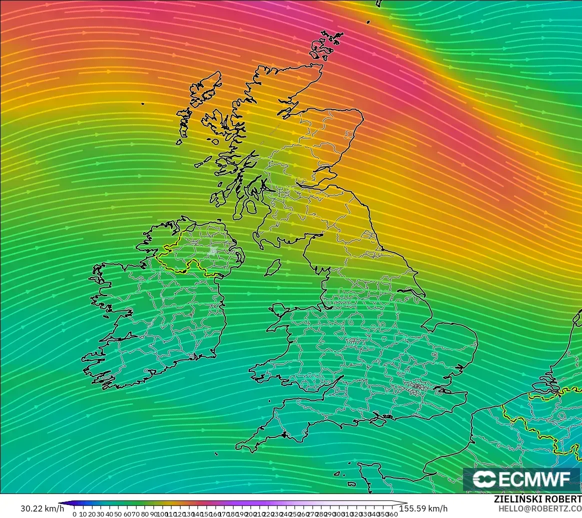 ECMWF IFS 0.25° model - United Kingdom, Angin 300 hPa (aliran jet)