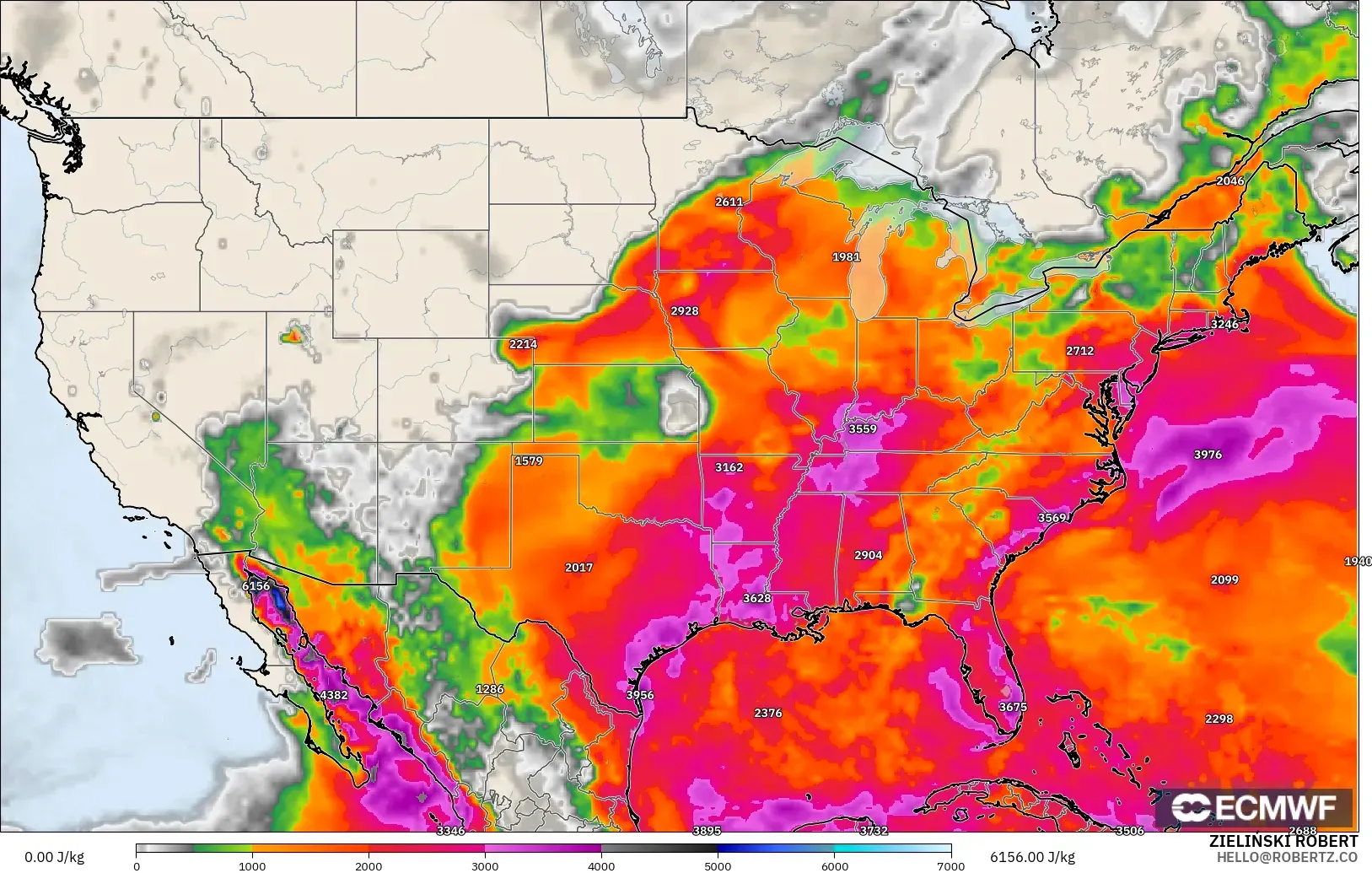 ECMWF IFS 0.25° model - Amerika Syarikat, CAPE