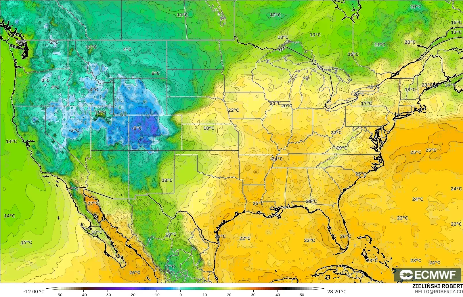 ECMWF IFS 0.25° model - Amerika Syarikat, Takat Embun 2 m