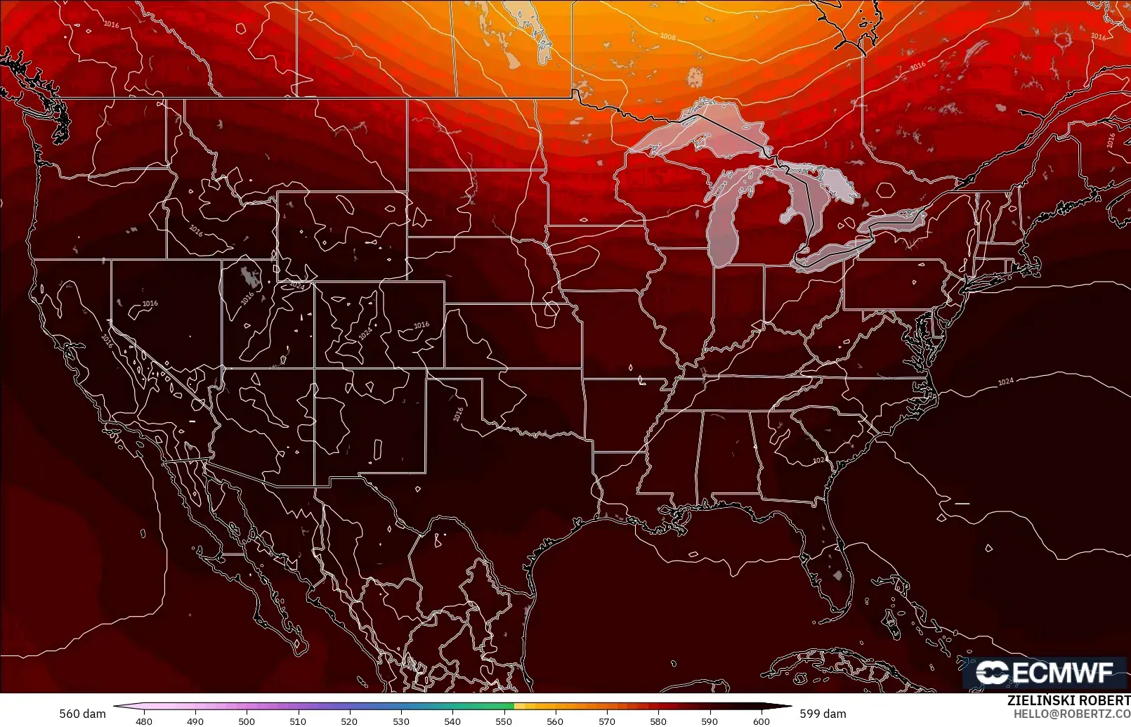 ECMWF IFS 0.25° model - Amerika Syarikat, Ketinggian geopotensial pada 500 hPa