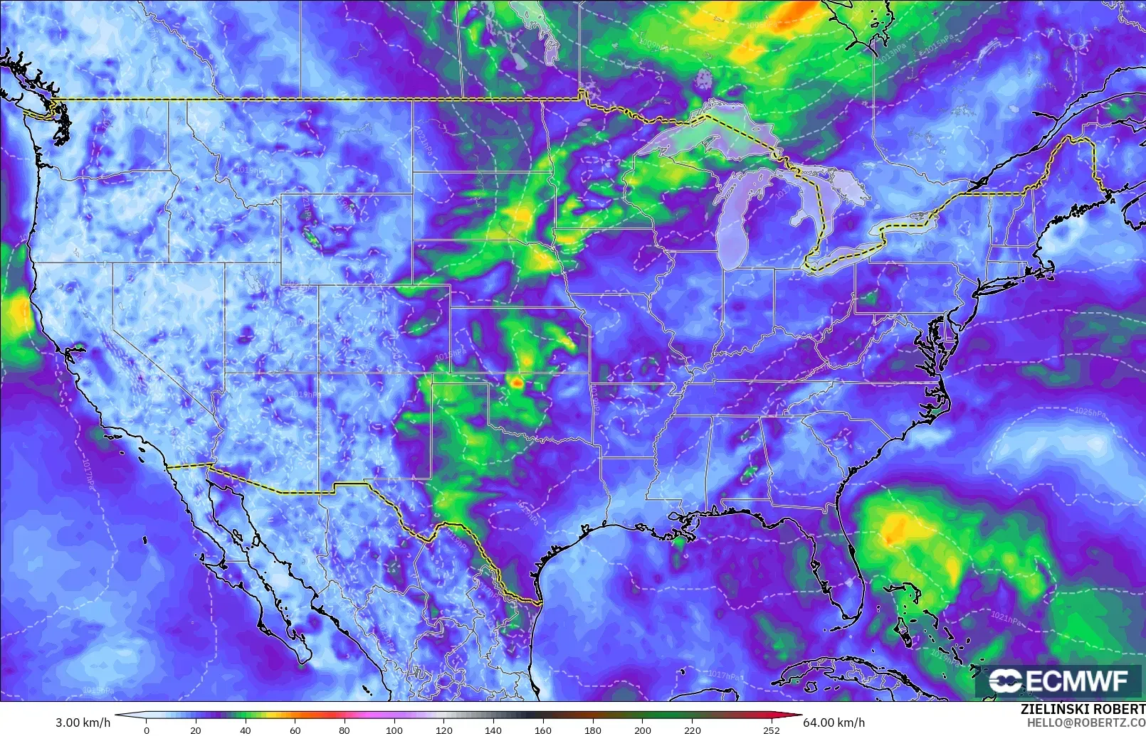 ECMWF IFS 0.25° model - Amerika Syarikat, Hembusan Angin