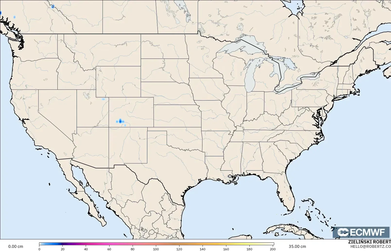 ECMWF IFS 0.25° model - Amerika Syarikat, Ketebalan Salji
