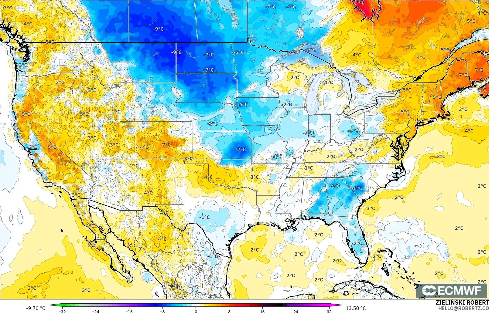 ECMWF IFS 0.25° model - Amerika Syarikat, Anomali Suhu 2 m
