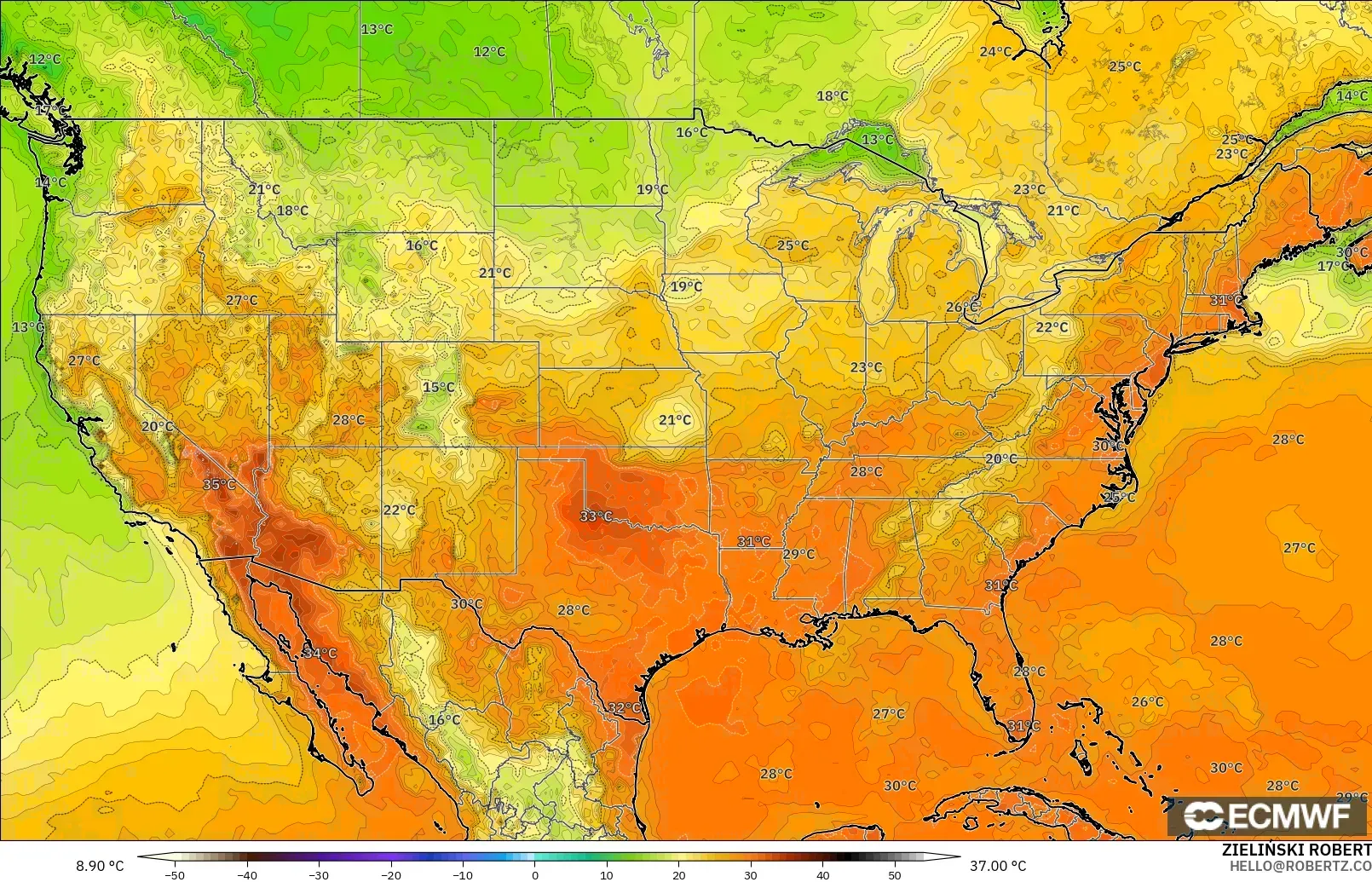 ECMWF IFS 0.25° model - Amerika Syarikat, Suhu pada 2 m