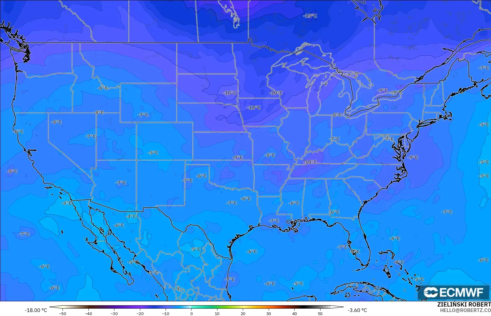 ECMWF IFS 0.25° model - Amerika Syarikat, Suhu 500 hPa