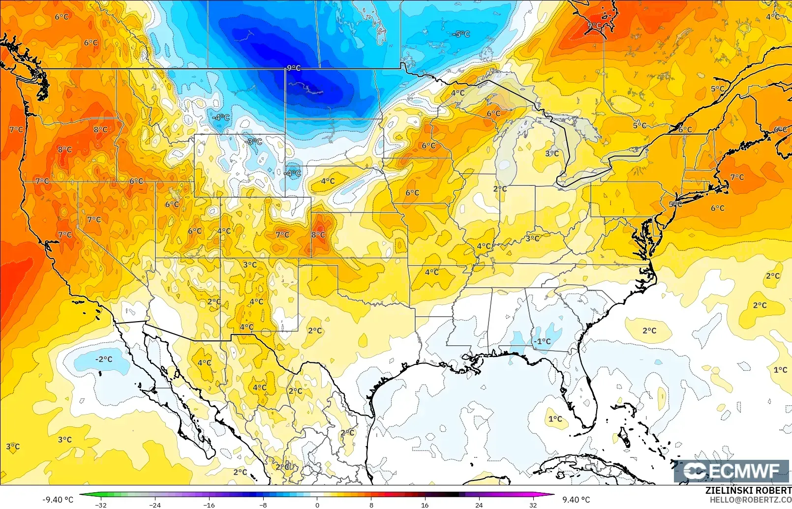 ECMWF IFS 0.25° model - Amerika Syarikat, Anomali Suhu 850 hPa