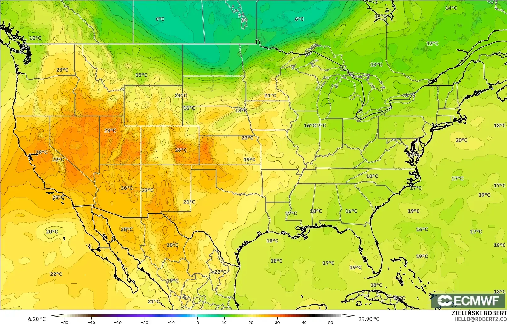 ECMWF IFS 0.25° model - Amerika Syarikat, Suhu 850 hPa
