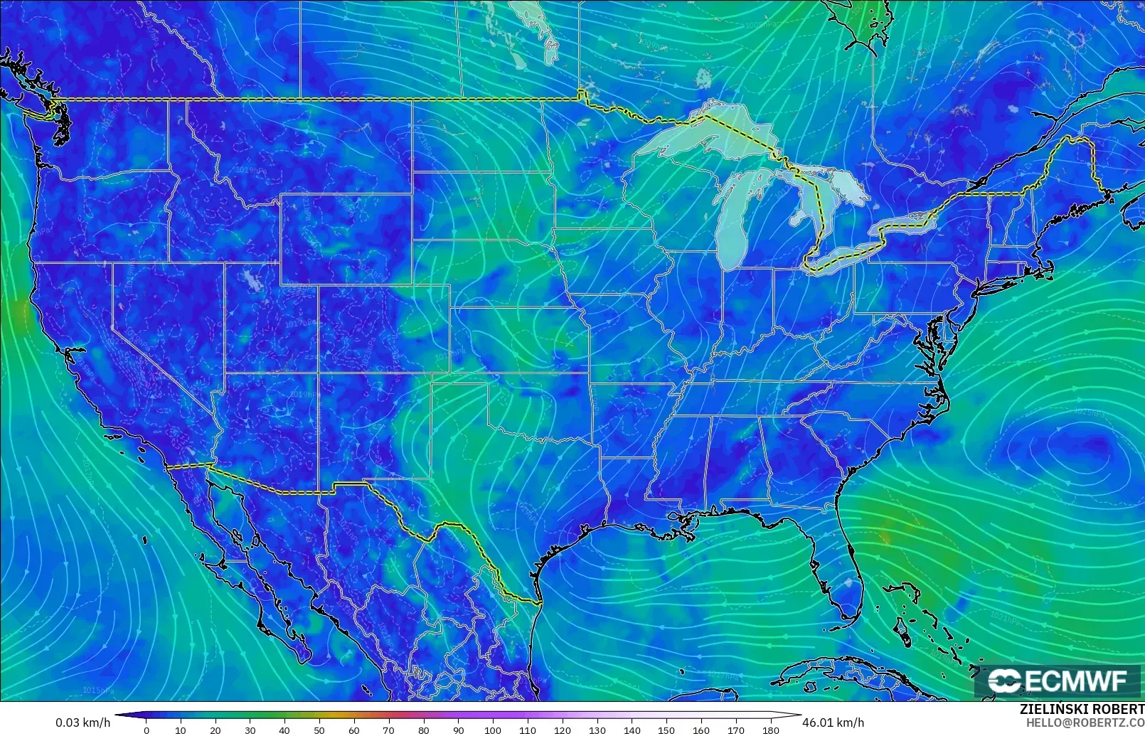 ECMWF IFS 0.25° model - Amerika Syarikat, Angin 10 m