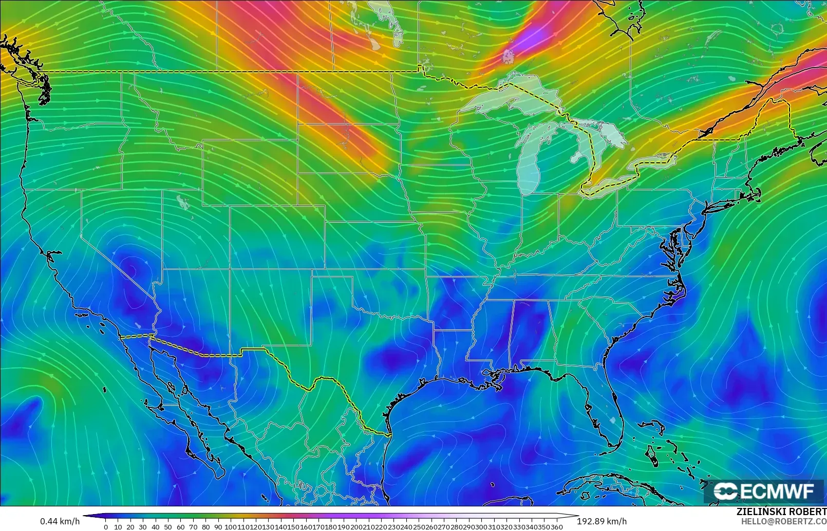 ECMWF IFS 0.25° model - Amerika Syarikat, Angin 300 hPa (aliran jet)