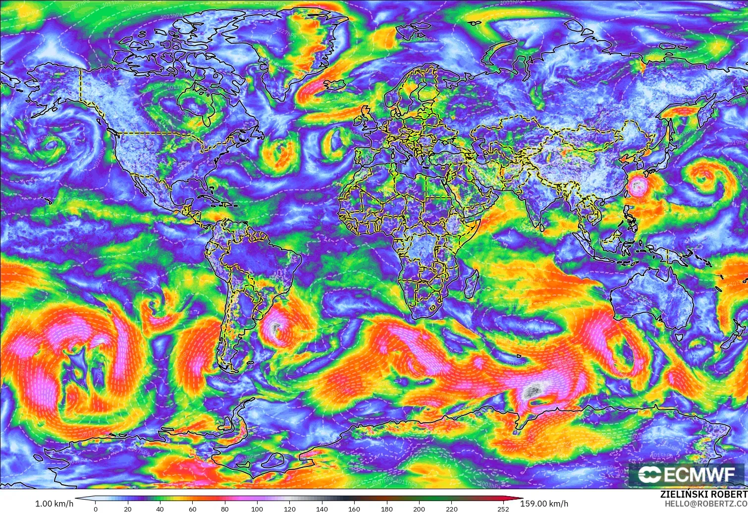 ECMWF IFS 0.25° model - Dunia, Hembusan Tertinggi