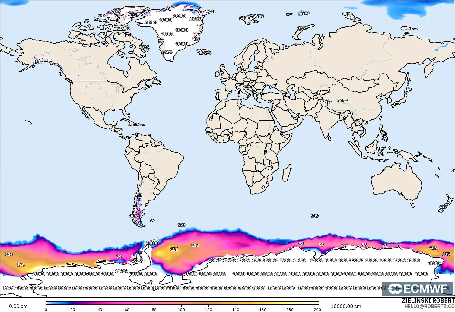 ECMWF IFS 0.25° model - Dunia, Ketebalan Salji