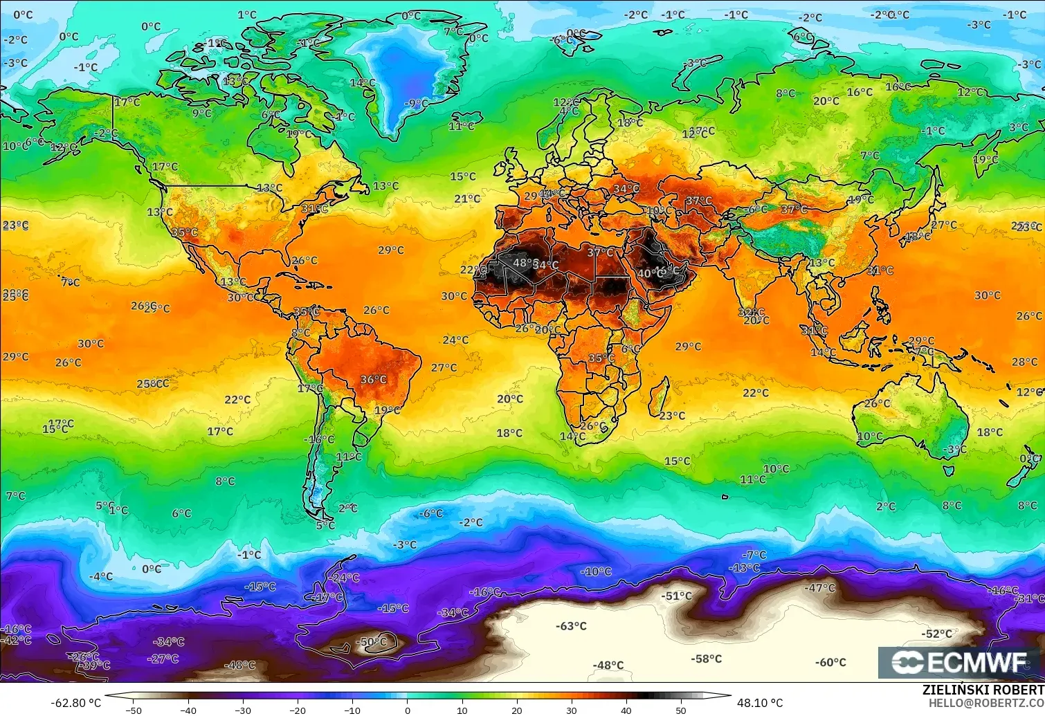 ECMWF IFS 0.25° model - Dunia, Suhu pada 2 m