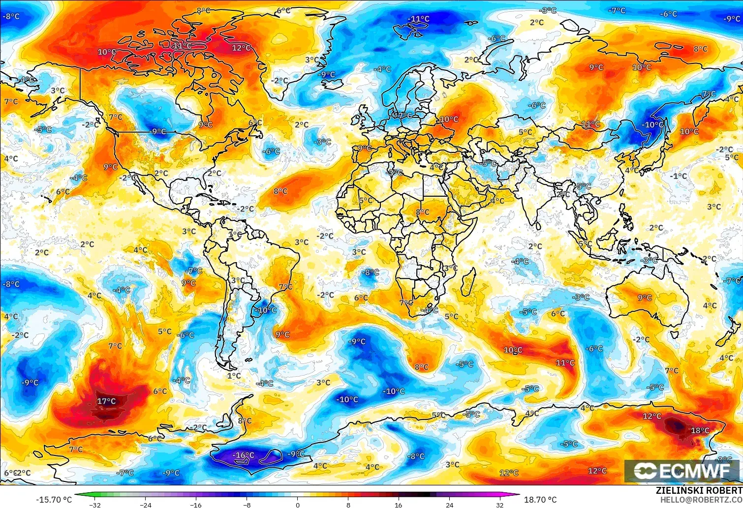 ECMWF IFS 0.25° model - Dunia, Anomali Suhu 850 hPa