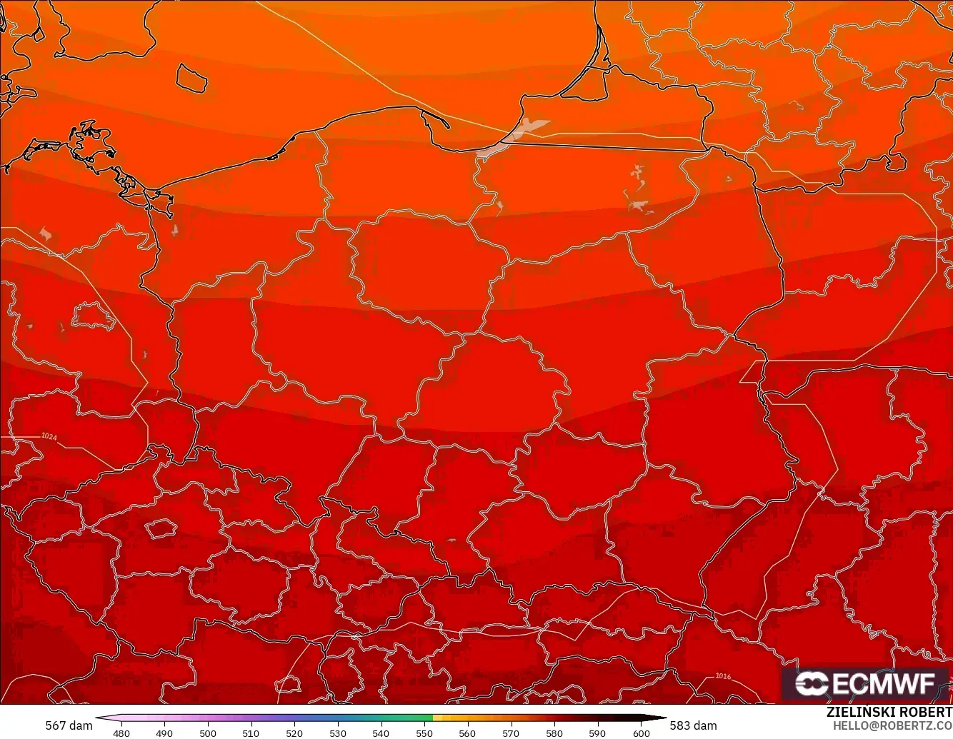 ECMWF IFS 0.25° model - Poland, Ketinggian geopotensial pada 500 hPa