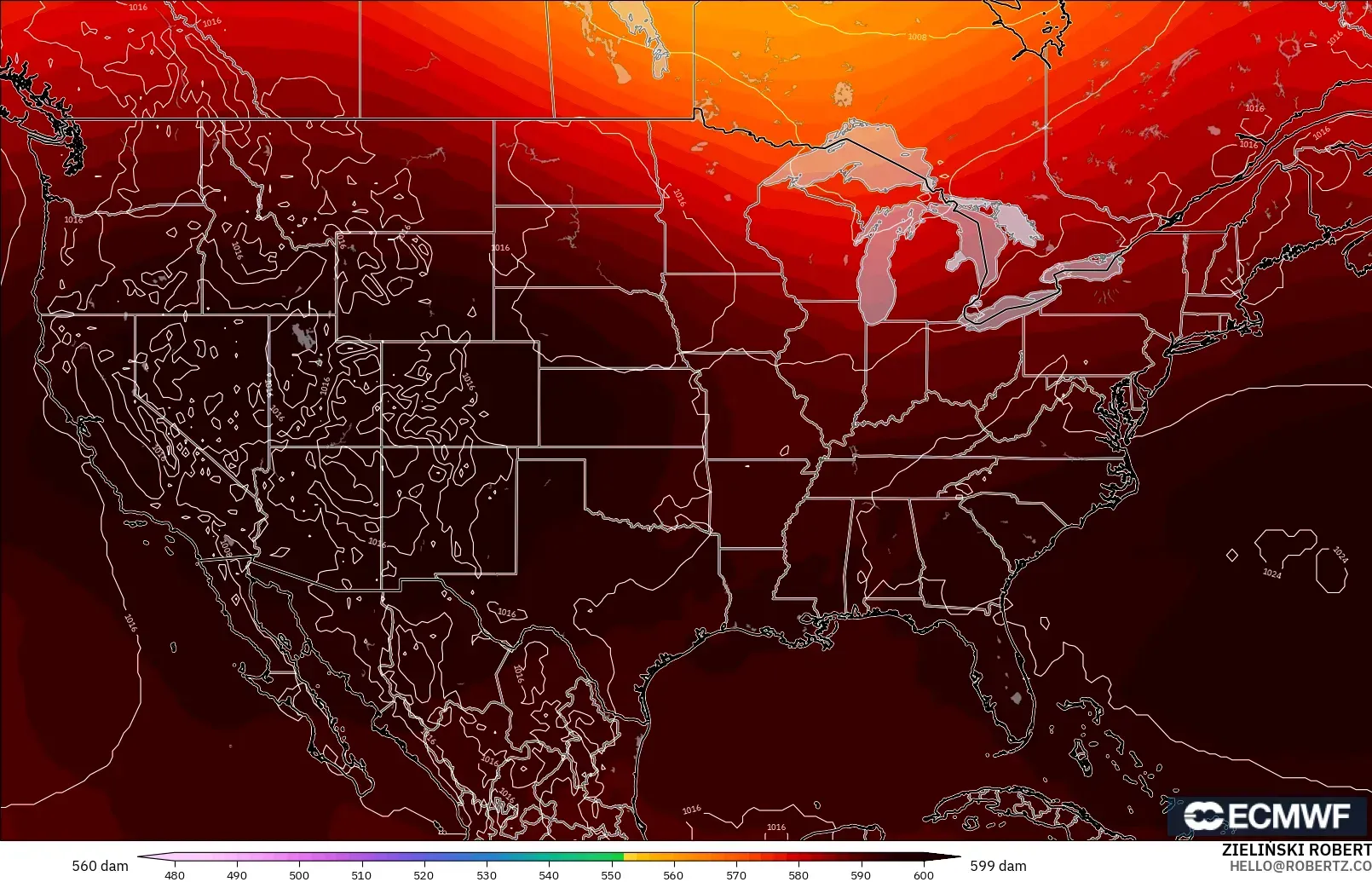 ECMWF IFS 0.25° model - Amerika Syarikat, Ketinggian geopotensial pada 500 hPa
