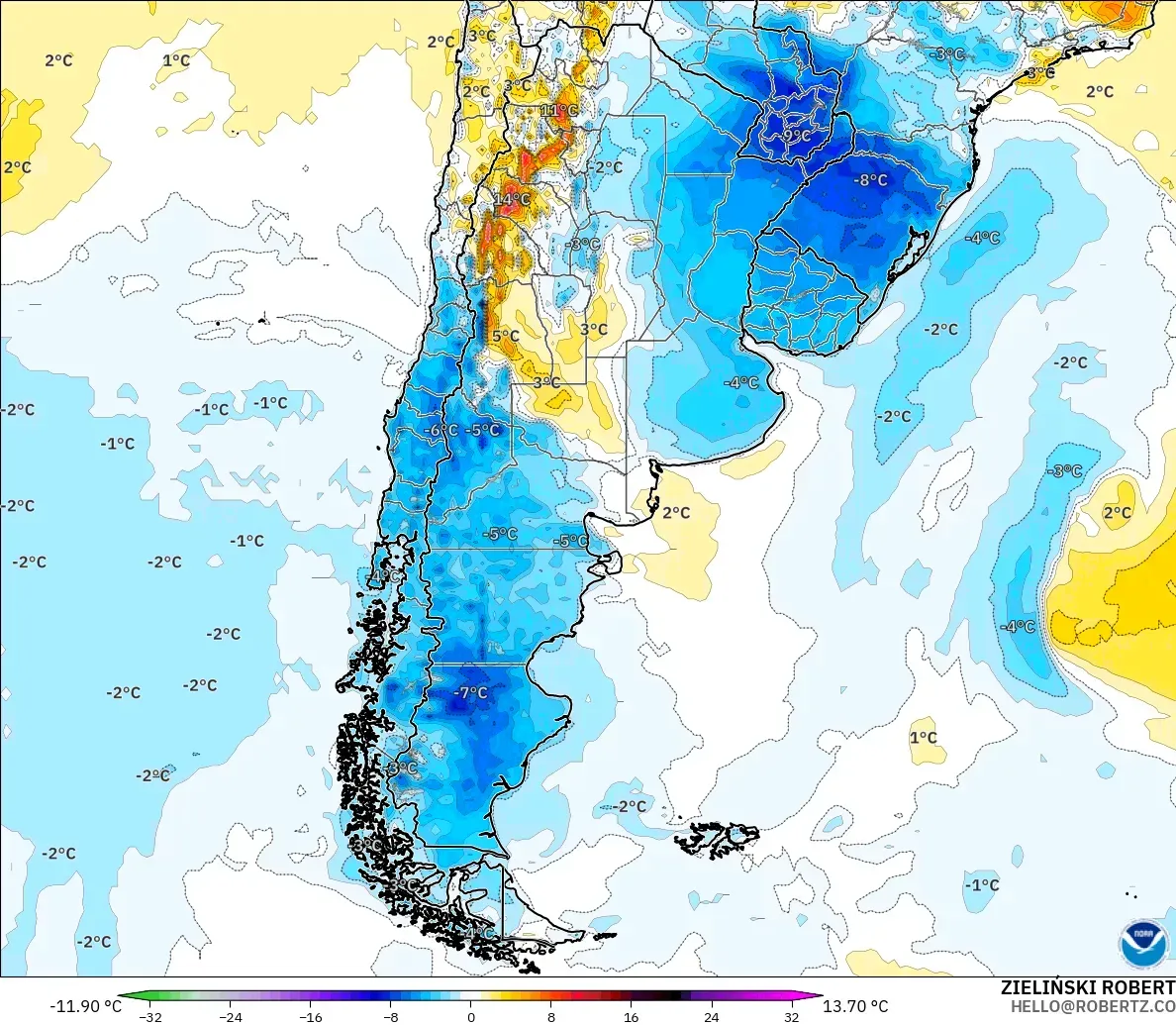 GFS model - Argentina, Anomali Suhu 2 m