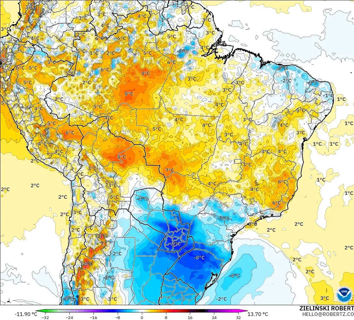 GFS model - Brazil, Anomali Suhu 2 m