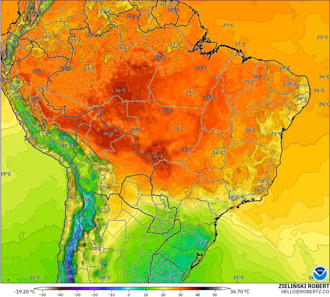 GFS model - Brazil, Suhu pada 2 m