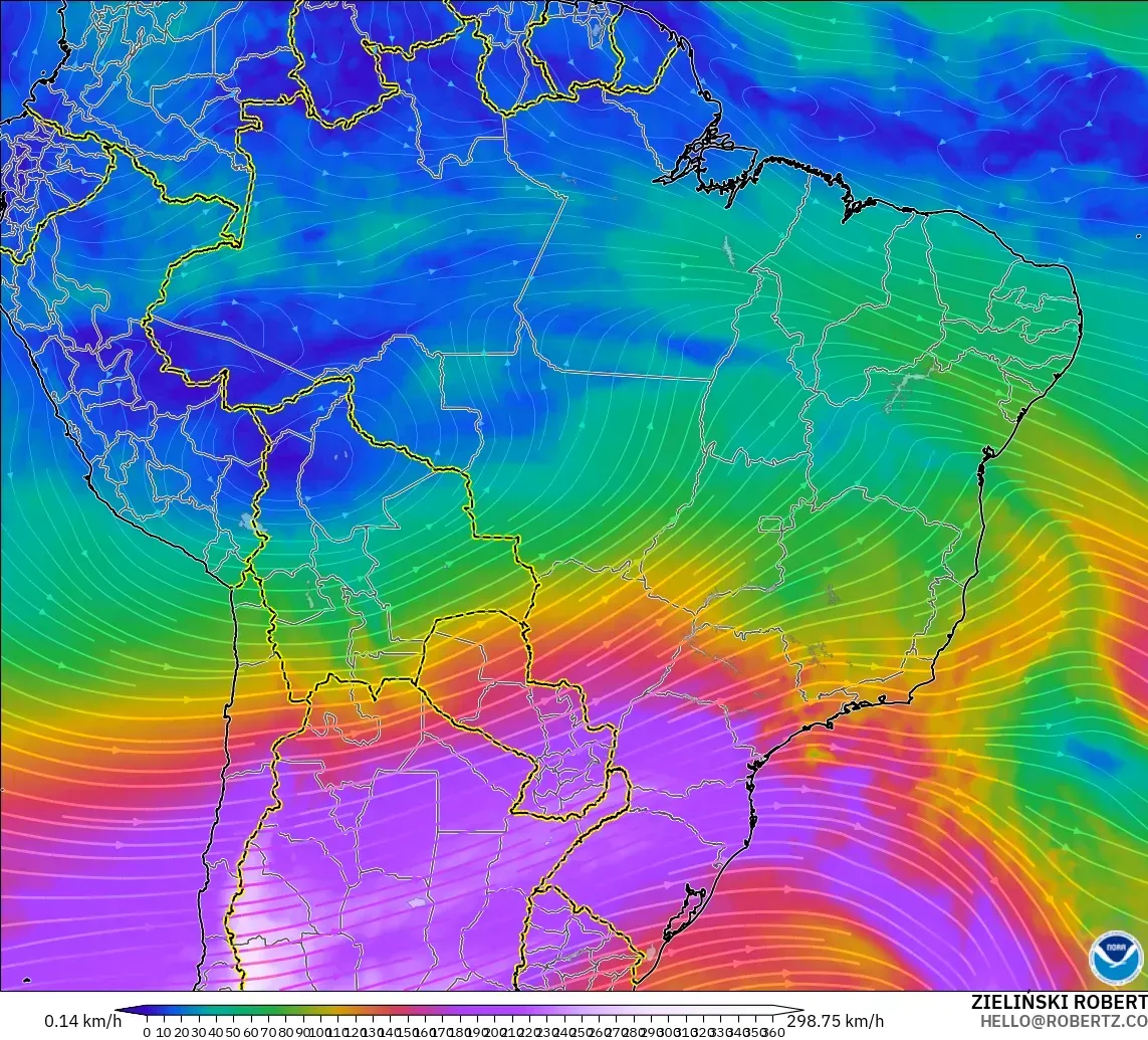 GFS model - Brazil, Angin 300 hPa (aliran jet)