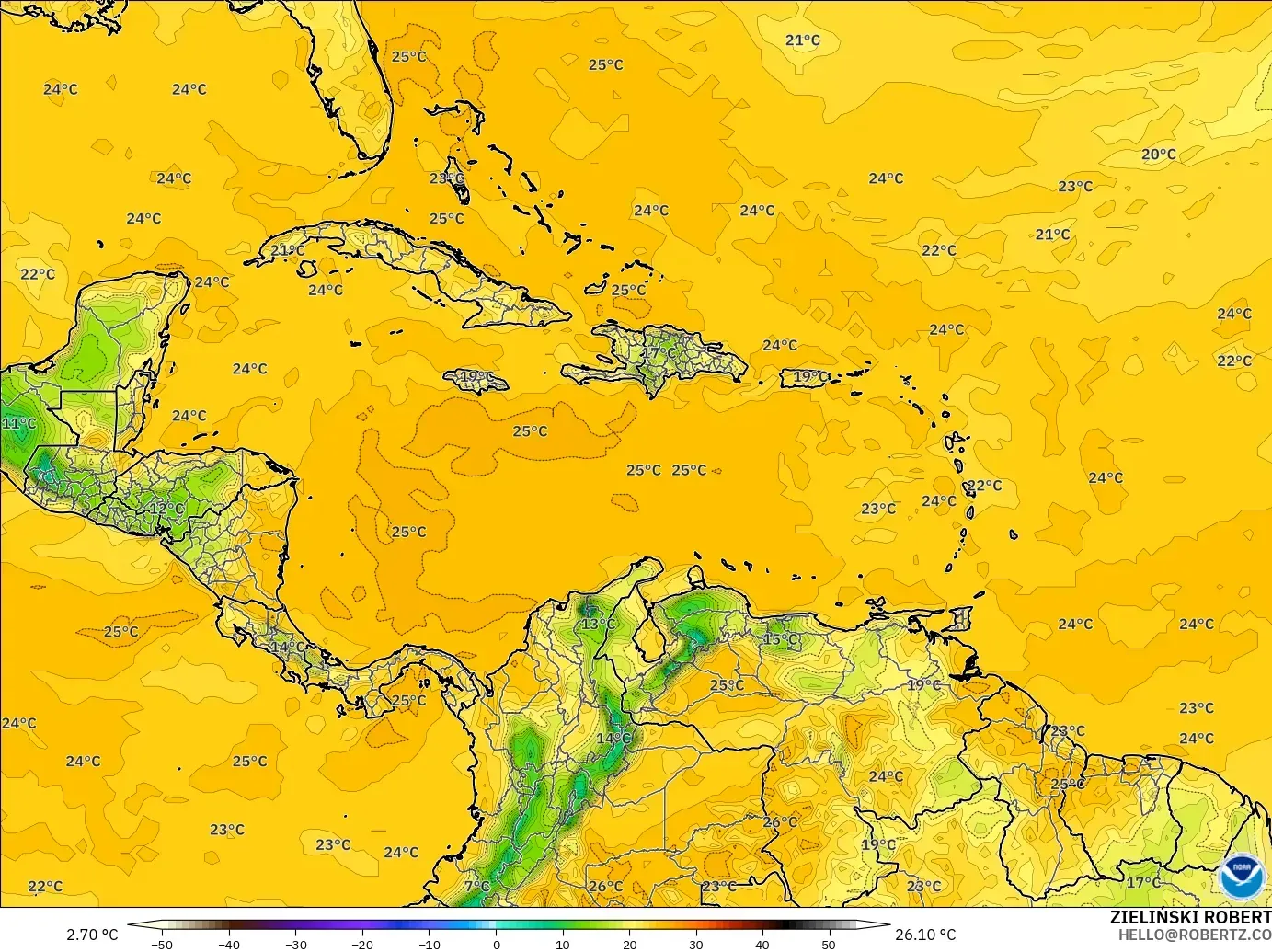 GFS model - Karibia, Takat Embun 2 m