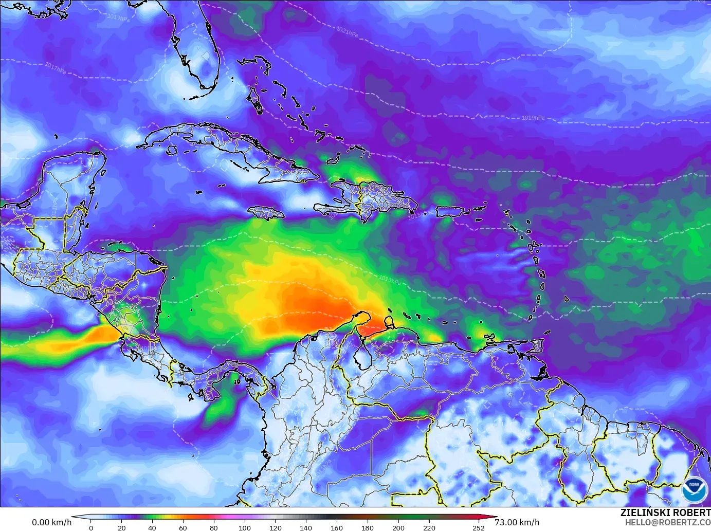 GFS model - Karibia, Hembusan Tertinggi