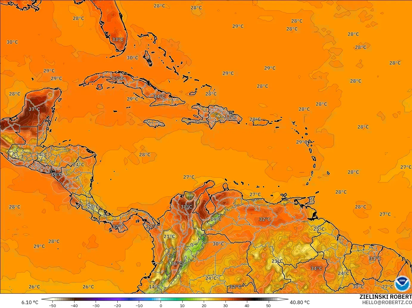 GFS model - Karibia, Suhu pada 2 m