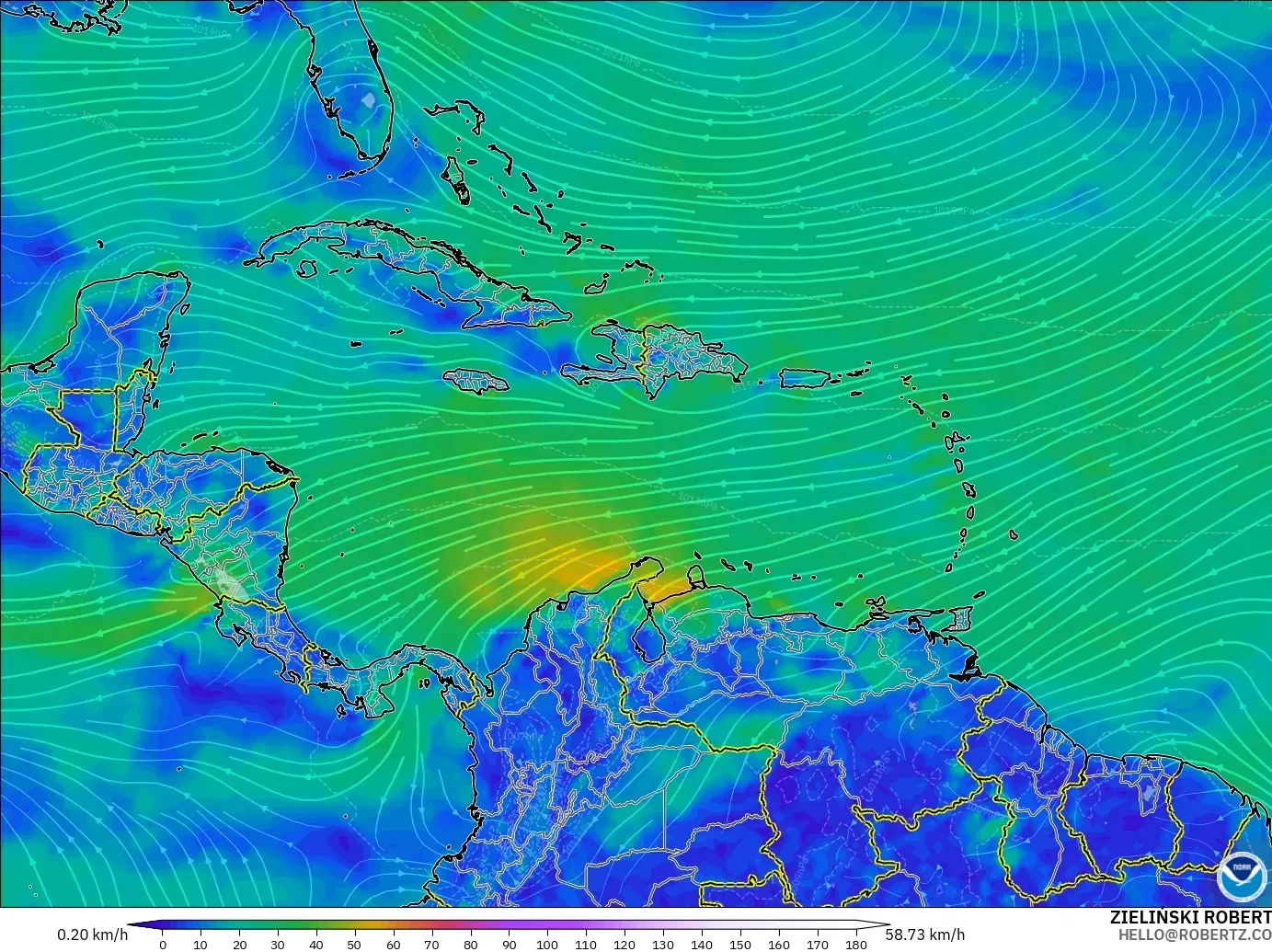 GFS model - Karibia, Angin 10 m