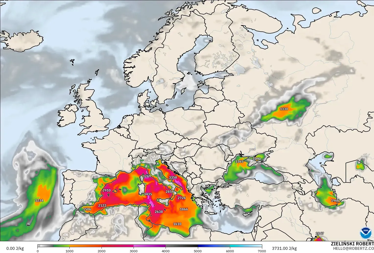 GFS model - Eropah, CAPE