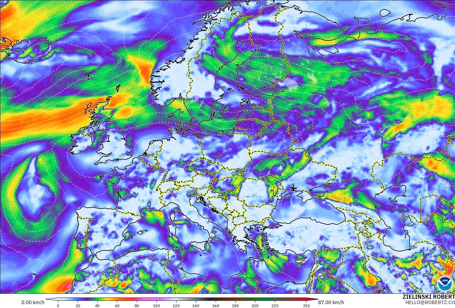 GFS model - Eropah, Hembusan Angin