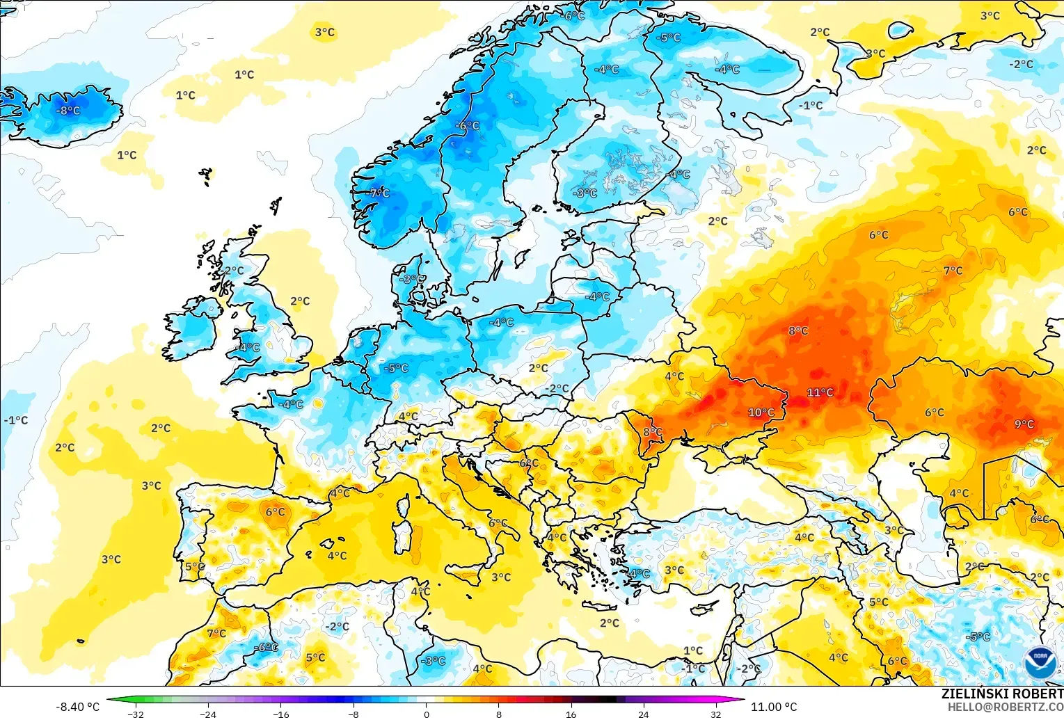 GFS model - Eropah, Anomali Suhu 2 m