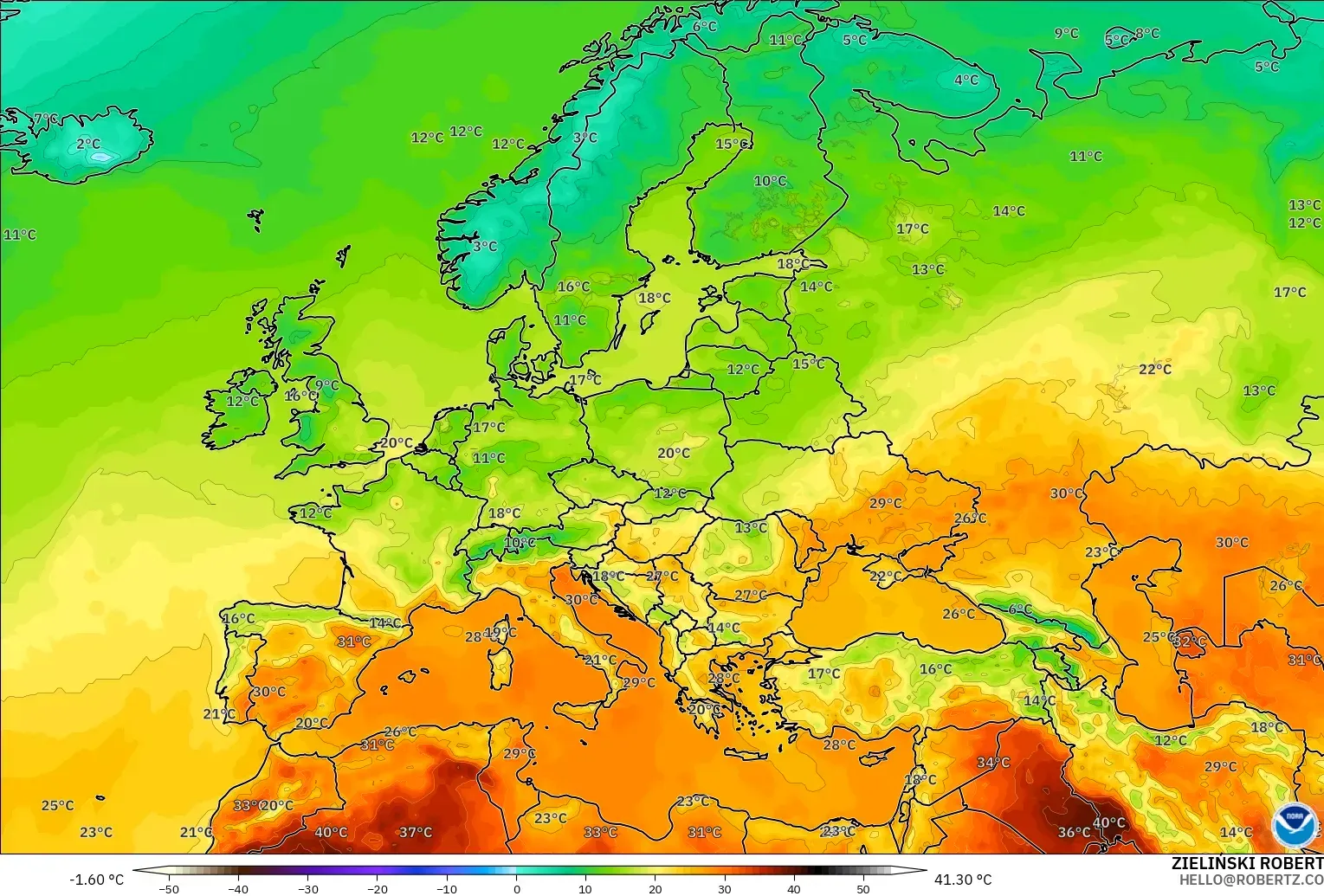 GFS model - Eropah, Suhu pada 2 m