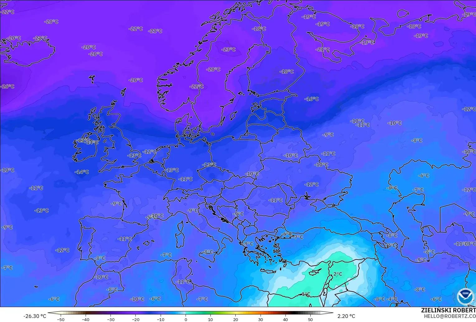 GFS model - Eropah, Suhu 500 hPa